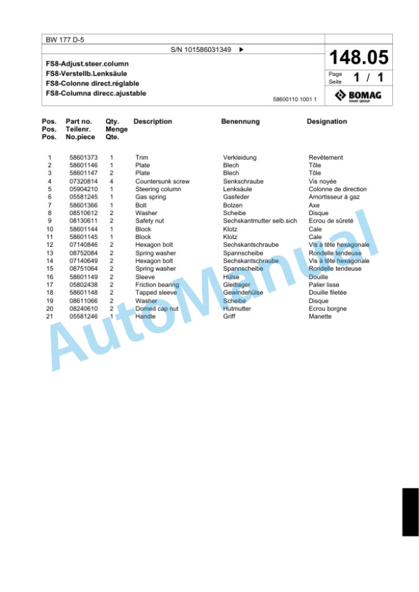 Bomag BW 177 D-5 Single Drum Wheel Drive Vibratory Roller Spare Parts Catalogue 00824351-3