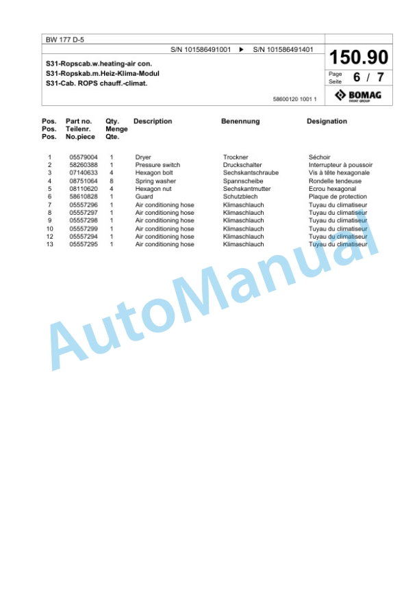 Bomag BW 177 D-5 Single Drum Wheel Drive Vibratory Roller Spare Parts Catalogue 00824913-3