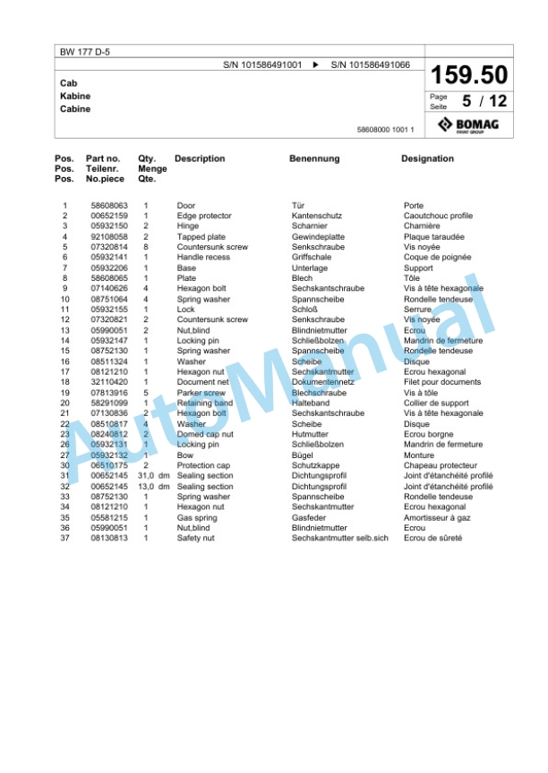 Bomag BW 177 D-5 Single Drum Wheel Drive Vibratory Roller Spare Parts Catalogue 00824913-5