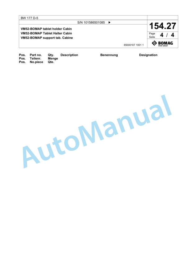 Bomag BW 177 D-5 Single Drum Wheel Drive Vibratory Roller Spare Parts Catalogue 00824915-3