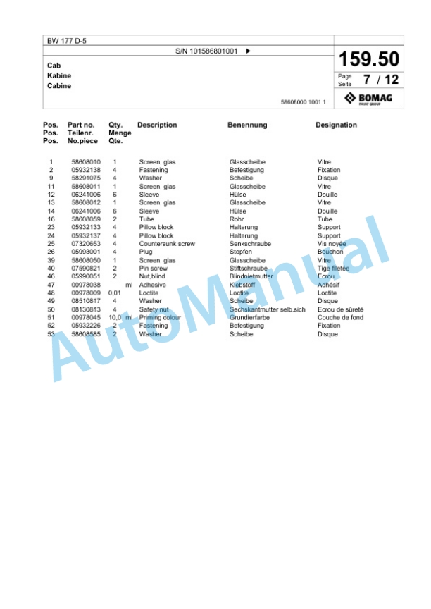 Bomag BW 177 D-5 Single Drum Wheel Drive Vibratory Roller Spare Parts Catalogue 00825433-5