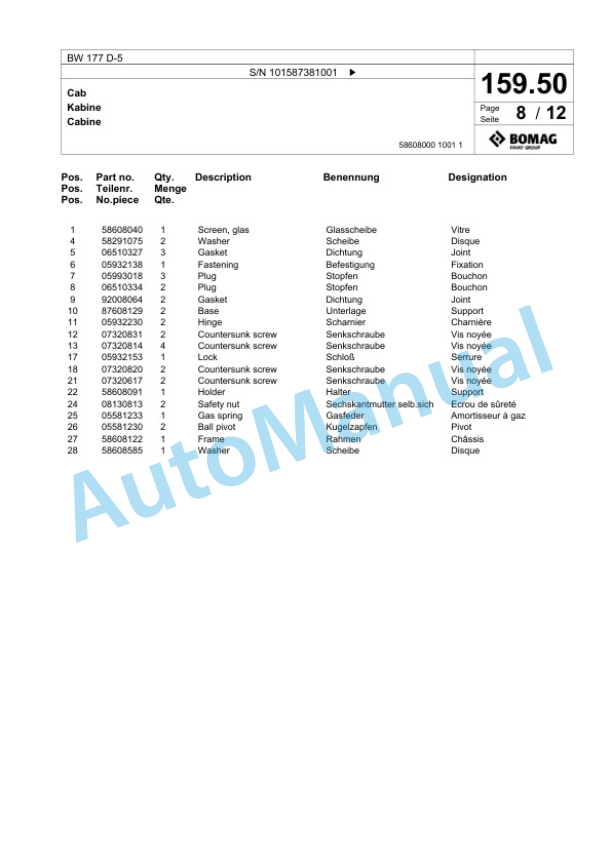 Bomag BW 177 D-5 Single Drum Wheel Drive Vibratory Roller Spare Parts Catalogue 00826055-5