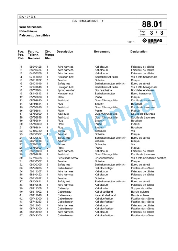 Bomag BW 177 D-5 Single Drum Wheel Drive Vibratory Roller Spare Parts Catalogue 00826625-2