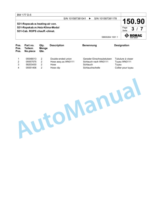 Bomag BW 177 D-5 Single Drum Wheel Drive Vibratory Roller Spare Parts Catalogue 00826625-3