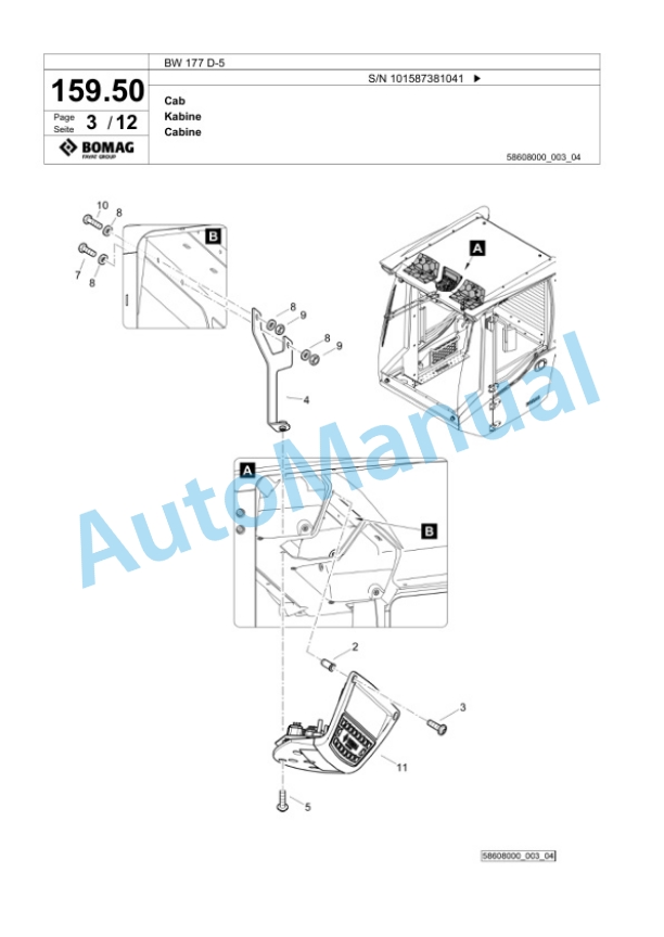 Bomag BW 177 D-5 Single Drum Wheel Drive Vibratory Roller Spare Parts Catalogue 00826625-4