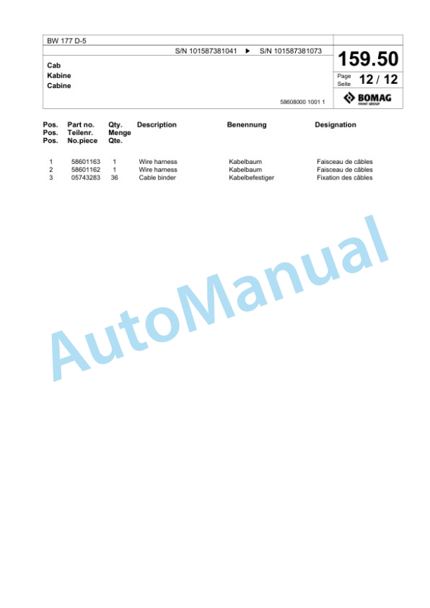 Bomag BW 177 D-5 Single Drum Wheel Drive Vibratory Roller Spare Parts Catalogue 00826625-5