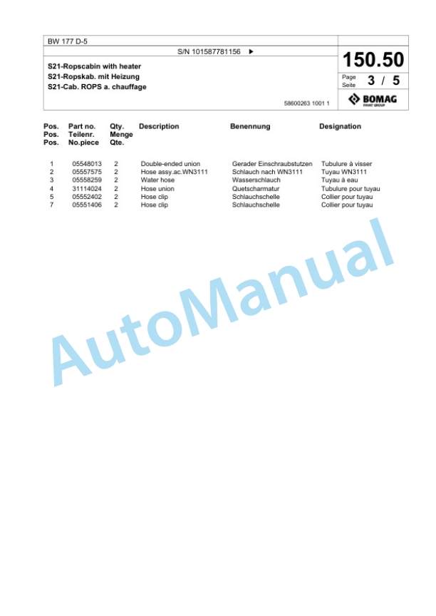 Bomag BW 177 D-5 Single Drum Wheel Drive Vibratory Roller Spare Parts Catalogue 00826773-3