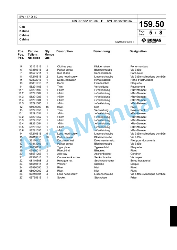 Bomag BW 177 D-50 Single Drum Wheel Drive Vibratory Roller Spare Parts Catalogue 00824087-5