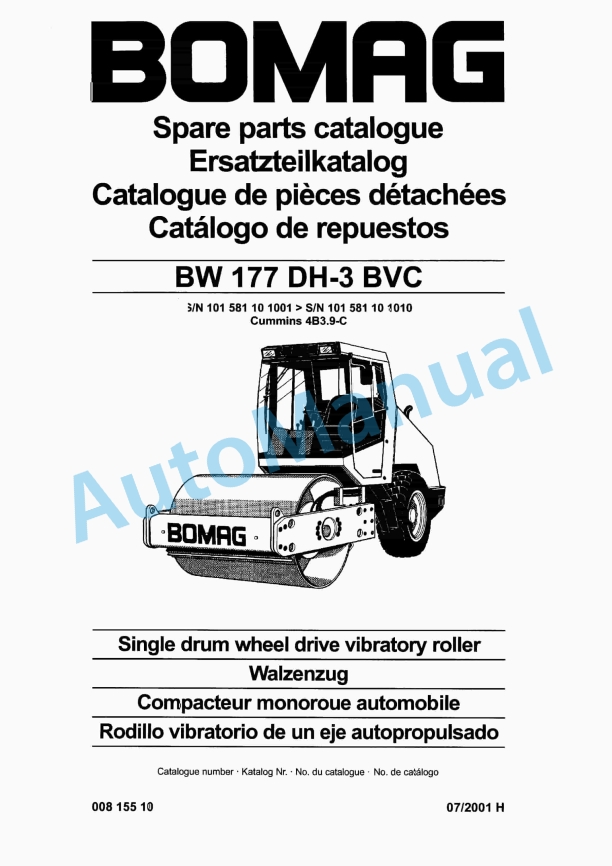 Bomag BW 177 DH-3 BVC Single Drum Wheel Drive Vibratory Roller Spare Parts Catalogue 00815510