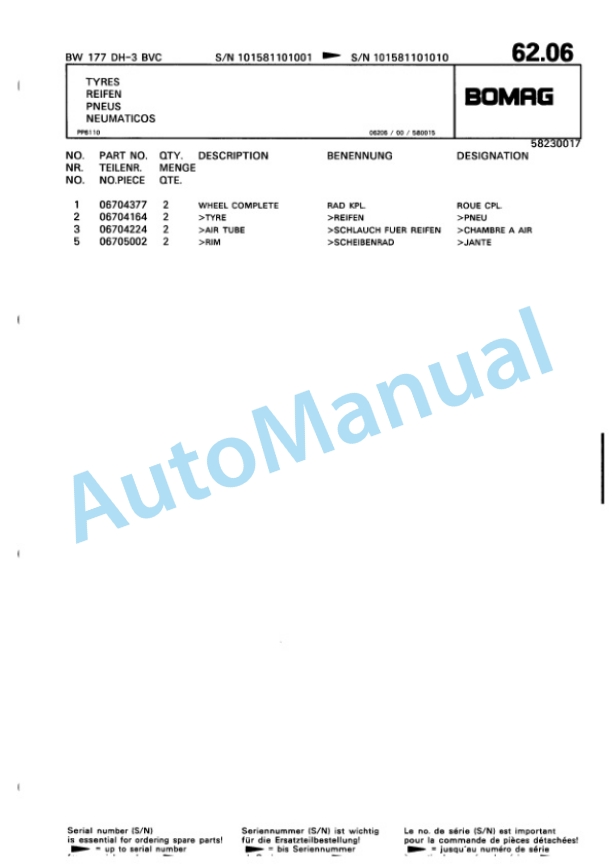 Bomag BW 177 DH-3 BVC Single Drum Wheel Drive Vibratory Roller Spare Parts Catalogue 00815510-2
