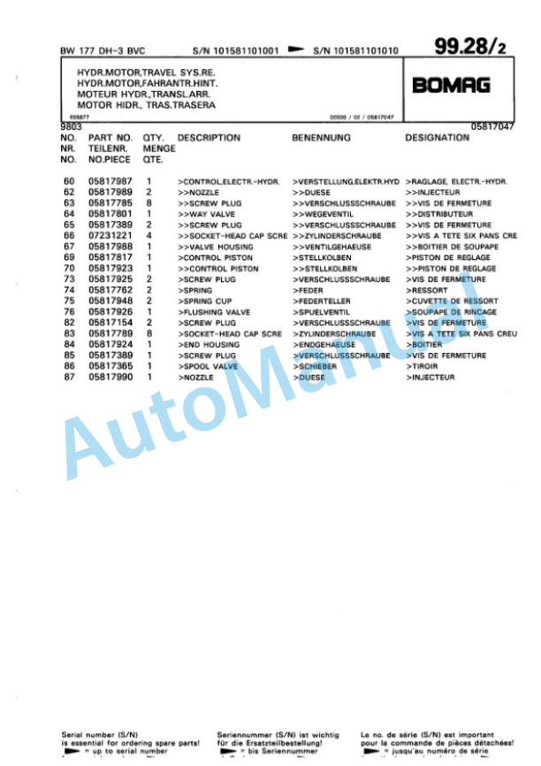 Bomag BW 177 DH-3 BVC Single Drum Wheel Drive Vibratory Roller Spare Parts Catalogue 00815510-3