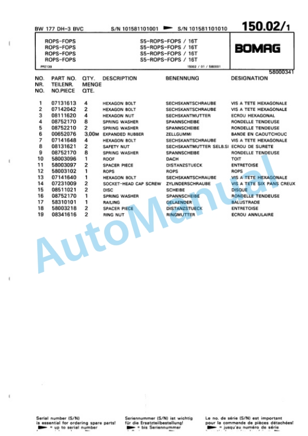 Bomag BW 177 DH-3 BVC Single Drum Wheel Drive Vibratory Roller Spare Parts Catalogue 00815510-4