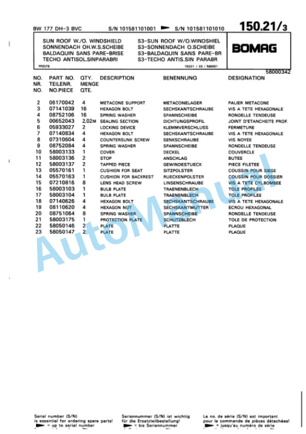 Bomag BW 177 DH-3 BVC Single Drum Wheel Drive Vibratory Roller Spare Parts Catalogue 00815510-5