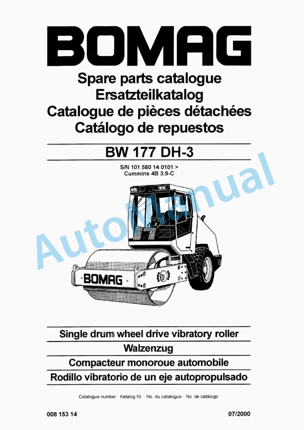Bomag BW 177 DH-3 Single Drum Wheel Drive Vibratory Roller Spare Parts Catalogue 00815314