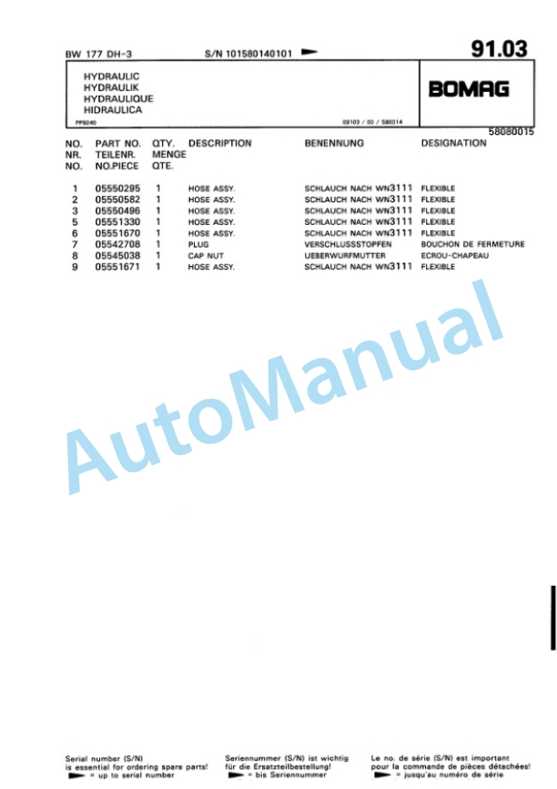 Bomag BW 177 DH-3 Single Drum Wheel Drive Vibratory Roller Spare Parts Catalogue 00815314-2