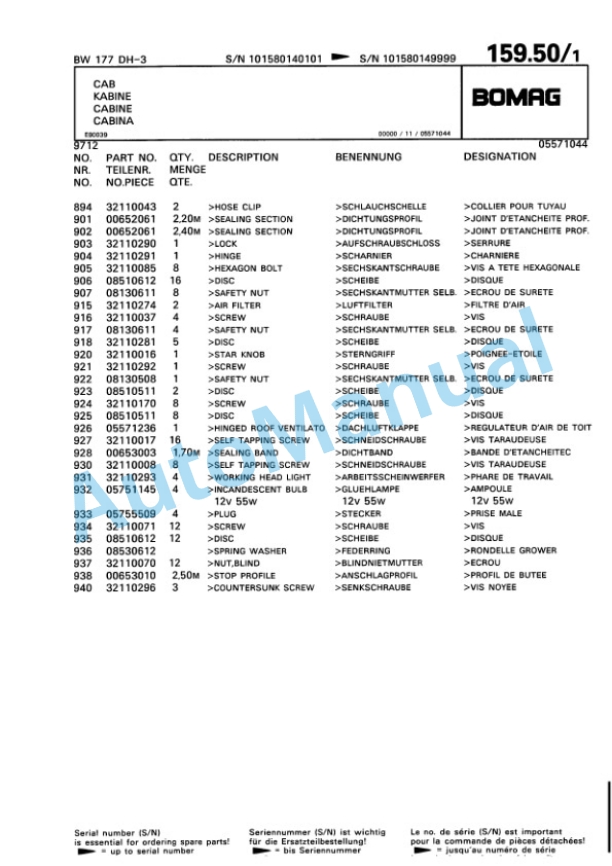 Bomag BW 177 DH-3 Single Drum Wheel Drive Vibratory Roller Spare Parts Catalogue 00815314-4