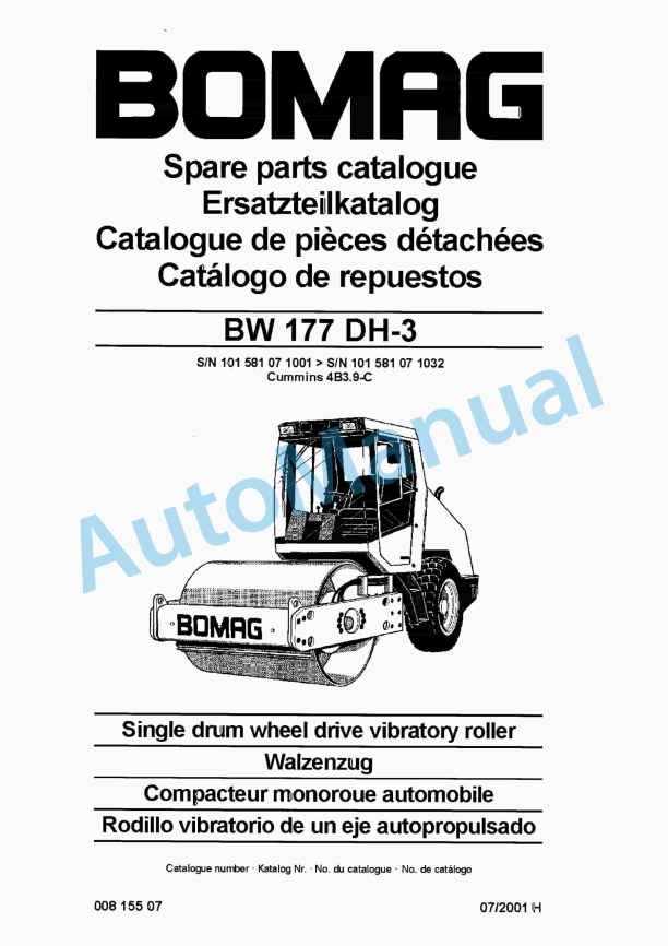 Bomag BW 177 DH-3 Single Drum Wheel Drive Vibratory Roller Spare Parts Catalogue 00815507