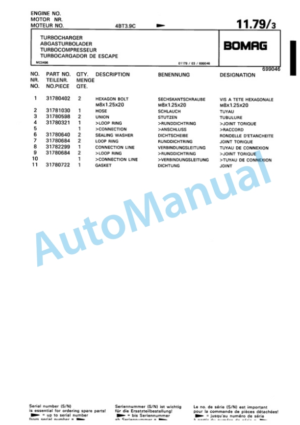 Bomag BW 177 DH-3 Single Drum Wheel Drive Vibratory Roller Spare Parts Catalogue 00815507-3