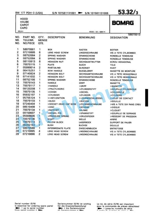 Bomag BW 177 DH-3 Single Drum Wheel Drive Vibratory Roller Spare Parts Catalogue 00815507-4
