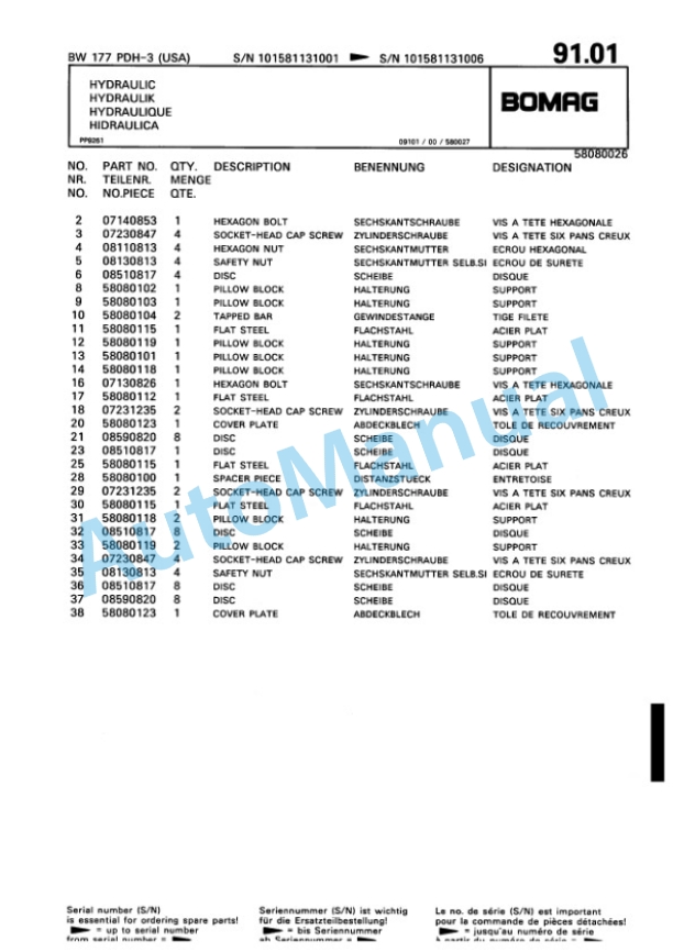Bomag BW 177 DH-3 Single Drum Wheel Drive Vibratory Roller Spare Parts Catalogue 00815507-5