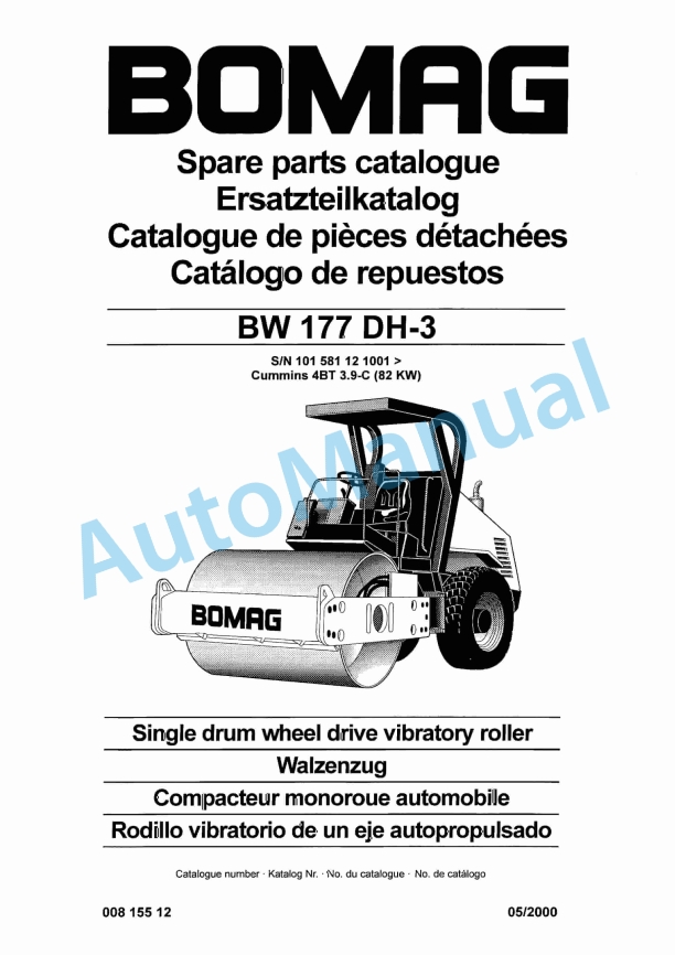 Bomag BW 177 DH-3 Single Drum Wheel Drive Vibratory Roller Spare Parts Catalogue 00815512