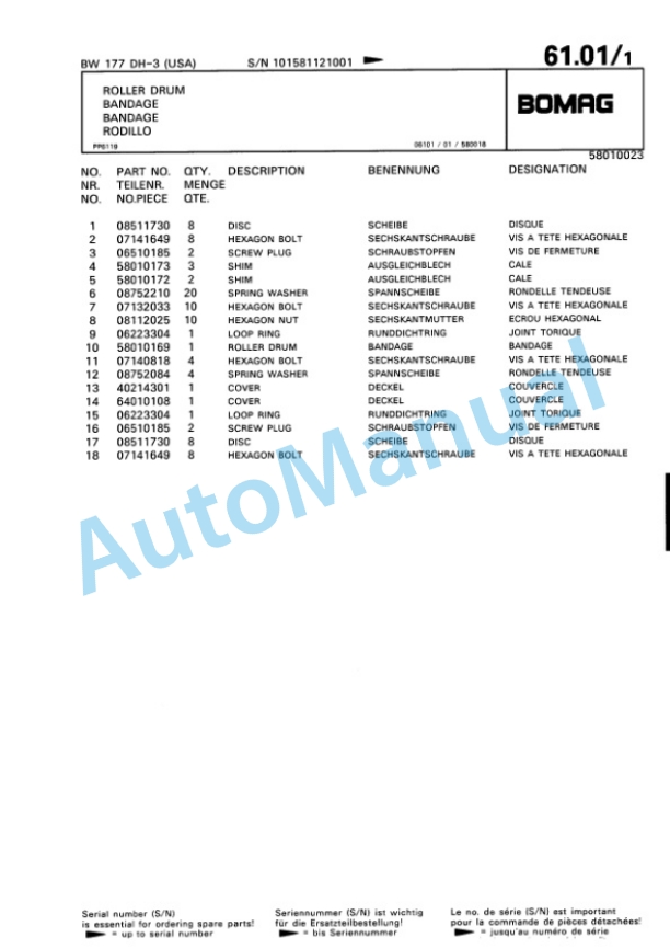 Bomag BW 177 DH-3 Single Drum Wheel Drive Vibratory Roller Spare Parts Catalogue 00815512-2