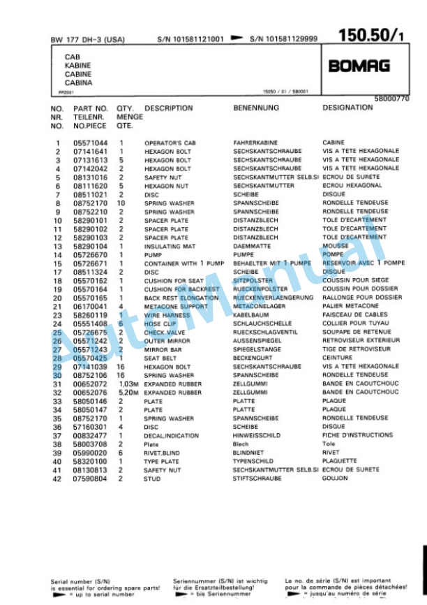 Bomag BW 177 DH-3 Single Drum Wheel Drive Vibratory Roller Spare Parts Catalogue 00815512-4
