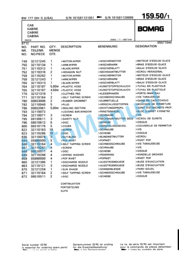 Bomag BW 177 DH-3 Single Drum Wheel Drive Vibratory Roller Spare Parts Catalogue 00815512-5