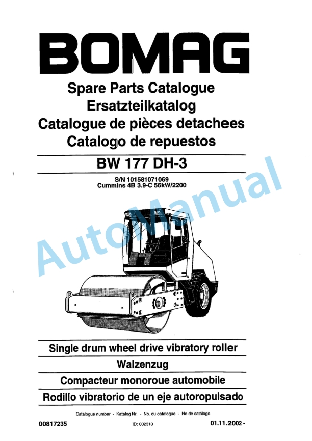 Bomag BW 177 DH-3 Single Drum Wheel Drive Vibratory Roller Spare Parts Catalogue 00817235