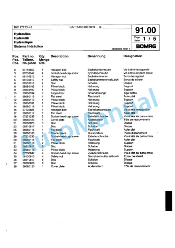 Bomag BW 177 DH-3 Single Drum Wheel Drive Vibratory Roller Spare Parts Catalogue 00817235-2