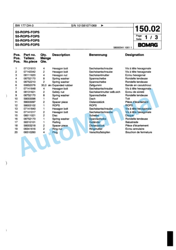 Bomag BW 177 DH-3 Single Drum Wheel Drive Vibratory Roller Spare Parts Catalogue 00817235-3