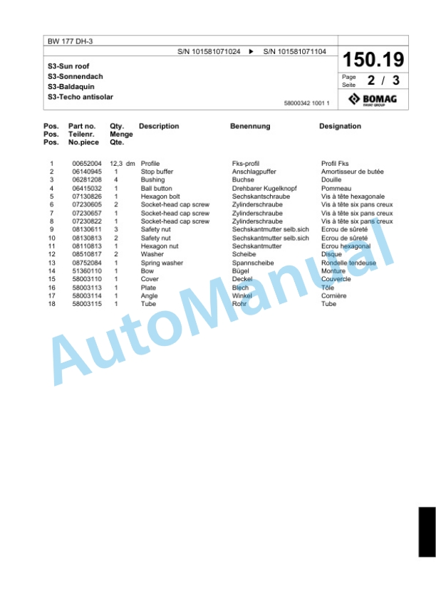 Bomag BW 177 DH-3 Single Drum Wheel Drive Vibratory Roller Spare Parts Catalogue 00817505-4