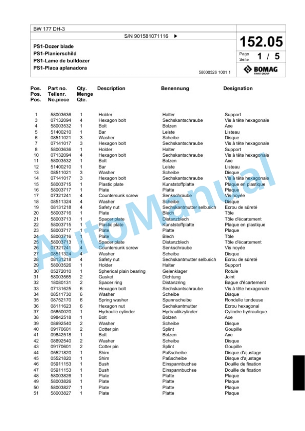 Bomag BW 177 DH-3 Single Drum Wheel Drive Vibratory Roller Spare Parts Catalogue 00817751-5