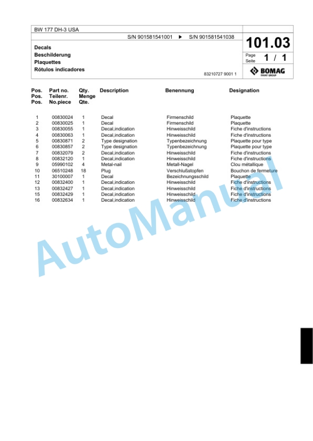 Bomag BW 177 DH-3 USA Single Drum Wheel Drive Vibratory Roller Spare Parts Catalogue 00817677-3