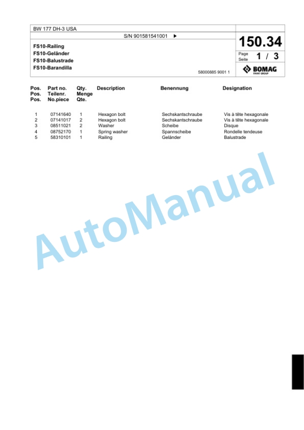 Bomag BW 177 DH-3 USA Single Drum Wheel Drive Vibratory Roller Spare Parts Catalogue 00817677-5