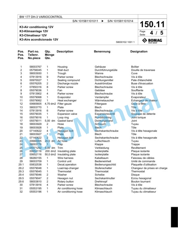 Bomag BW 177 DH-3 VARIOCONTROL Single Drum Wheel Drive Vibratory Roller Spare Parts Catalogue 00817506-5