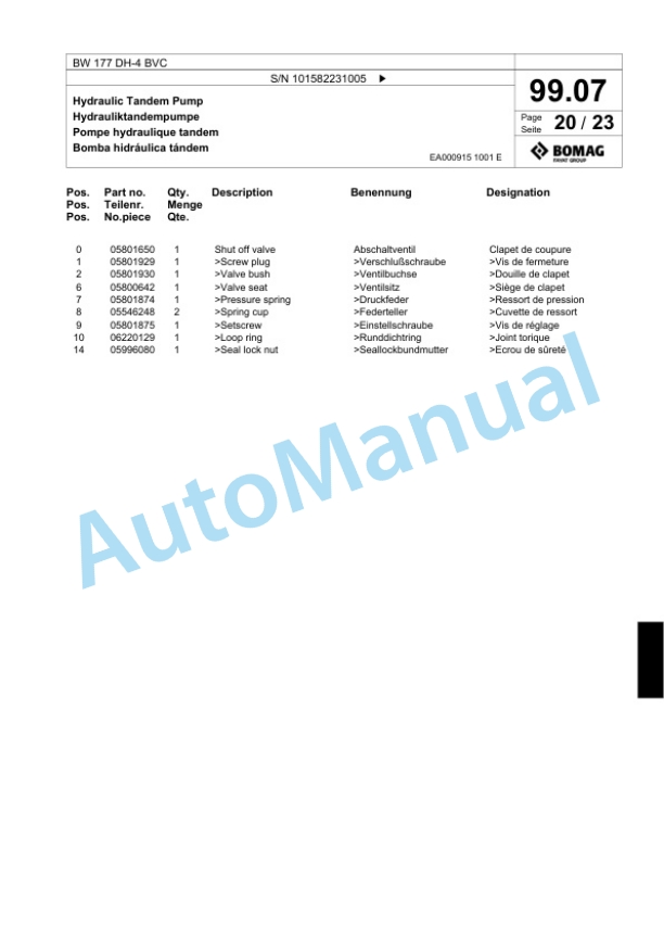 Bomag BW 177 DH-4 BVC Single Drum Wheel Drive Vibratory Roller Spare Parts Catalogue 00817765-3
