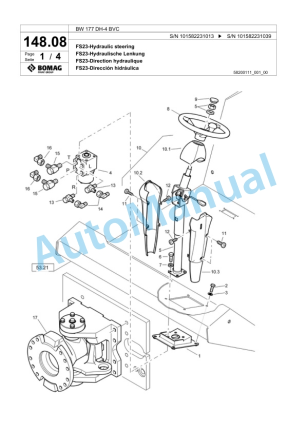 Bomag BW 177 DH-4 BVC Single Drum Wheel Drive Vibratory Roller Spare Parts Catalogue 00817765-4