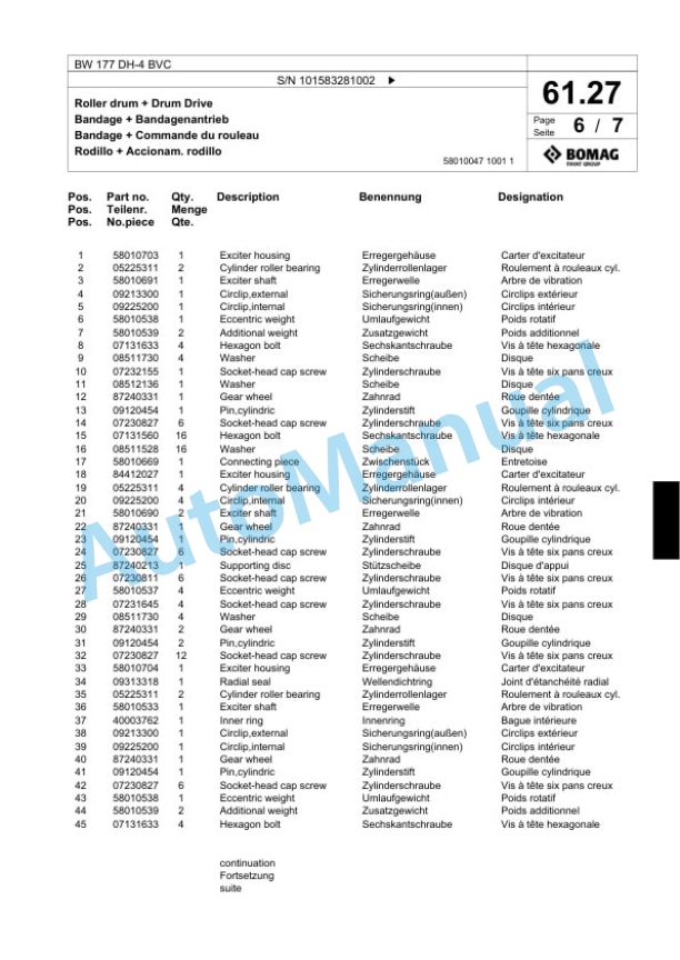 Bomag BW 177 DH-4 BVC Single Drum Wheel Drive Vibratory Roller Spare Parts Catalogue 00818453-2