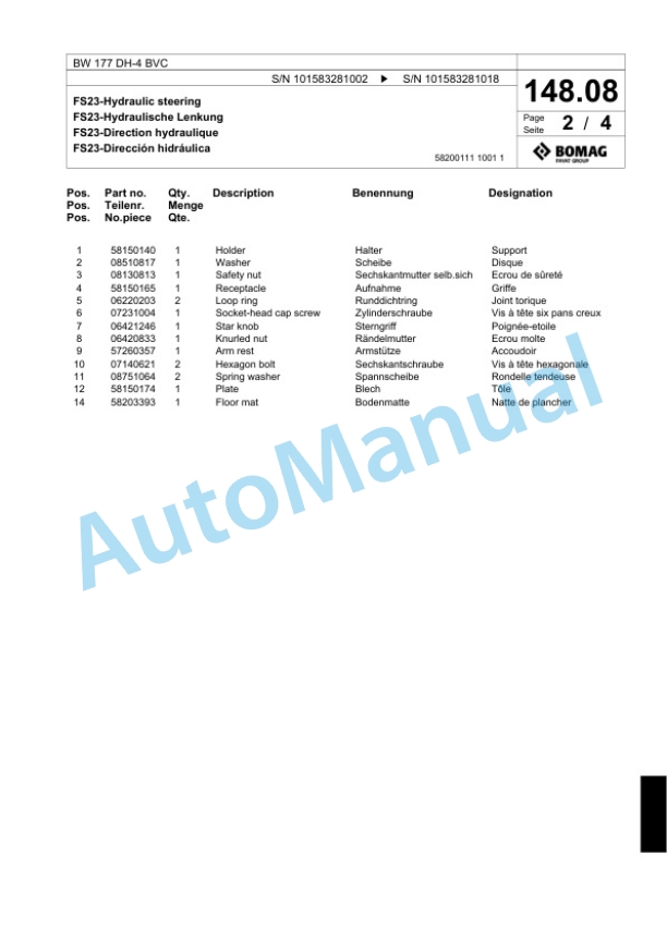 Bomag BW 177 DH-4 BVC Single Drum Wheel Drive Vibratory Roller Spare Parts Catalogue 00818453-4