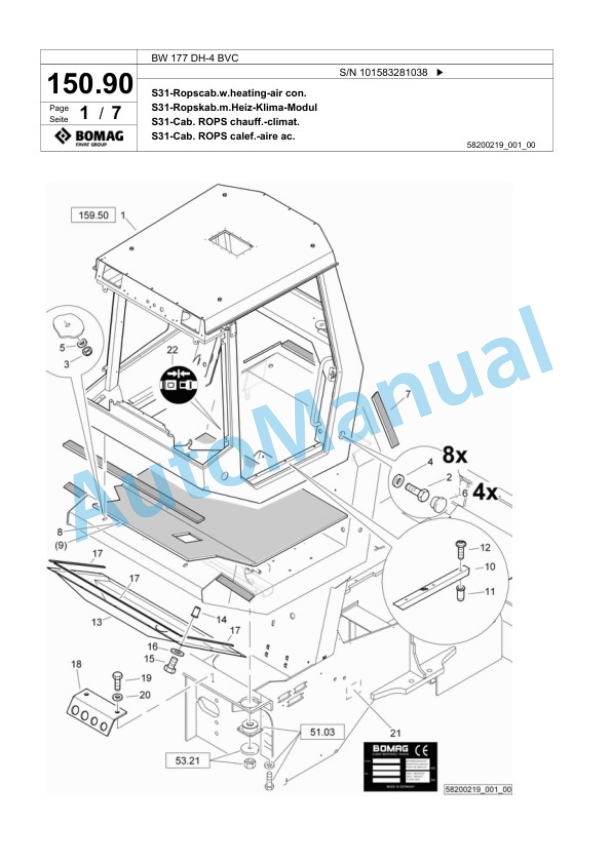 Bomag BW 177 DH-4 BVC Single Drum Wheel Drive Vibratory Roller Spare Parts Catalogue 00818453-5