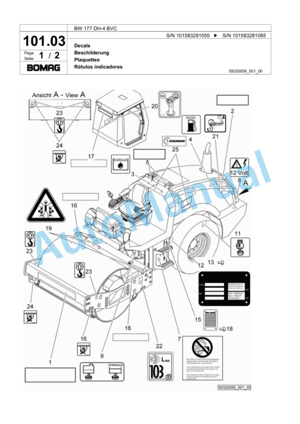 Bomag BW 177 DH-4 BVC Single Drum Wheel Drive Vibratory Roller Spare Parts Catalogue 00824133-4