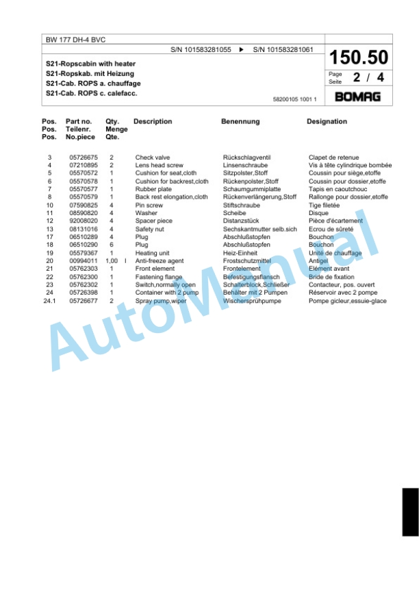 Bomag BW 177 DH-4 BVC Single Drum Wheel Drive Vibratory Roller Spare Parts Catalogue 00824133-5