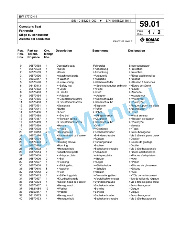 Bomag BW 177 DH-4 Single Drum Wheel Drive Vibratory Roller Spare Parts Catalogue 00817761-3