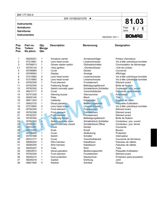 Bomag BW 177 DH-4 Single Drum Wheel Drive Vibratory Roller Spare Parts Catalogue 00818543-2