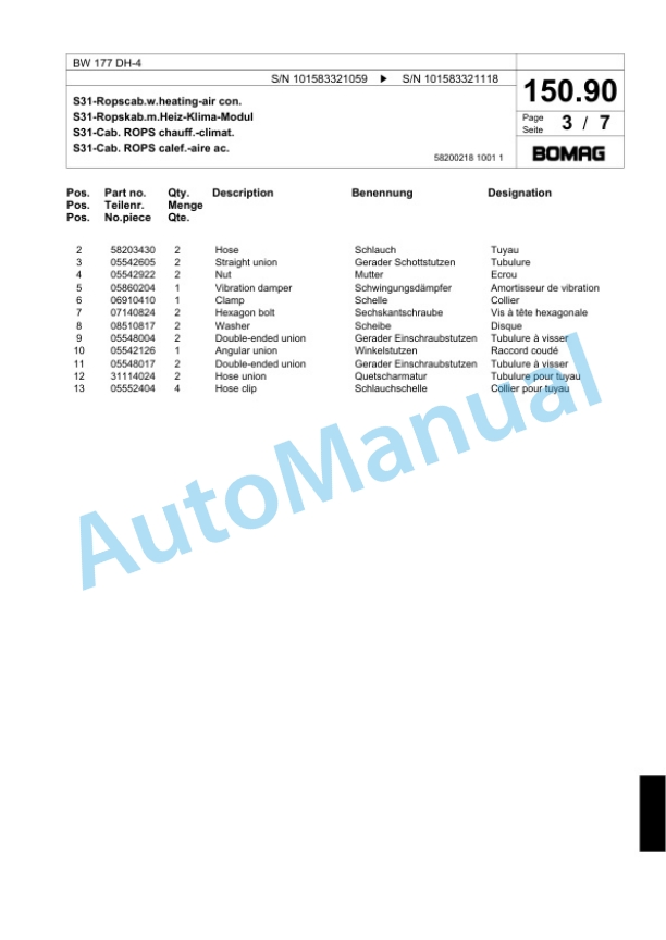 Bomag BW 177 DH-4 Single Drum Wheel Drive Vibratory Roller Spare Parts Catalogue 00818543-4