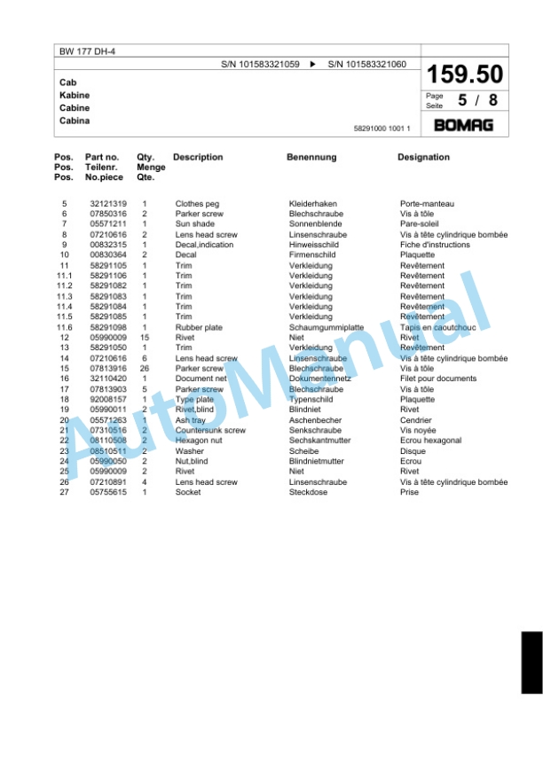 Bomag BW 177 DH-4 Single Drum Wheel Drive Vibratory Roller Spare Parts Catalogue 00818543-5