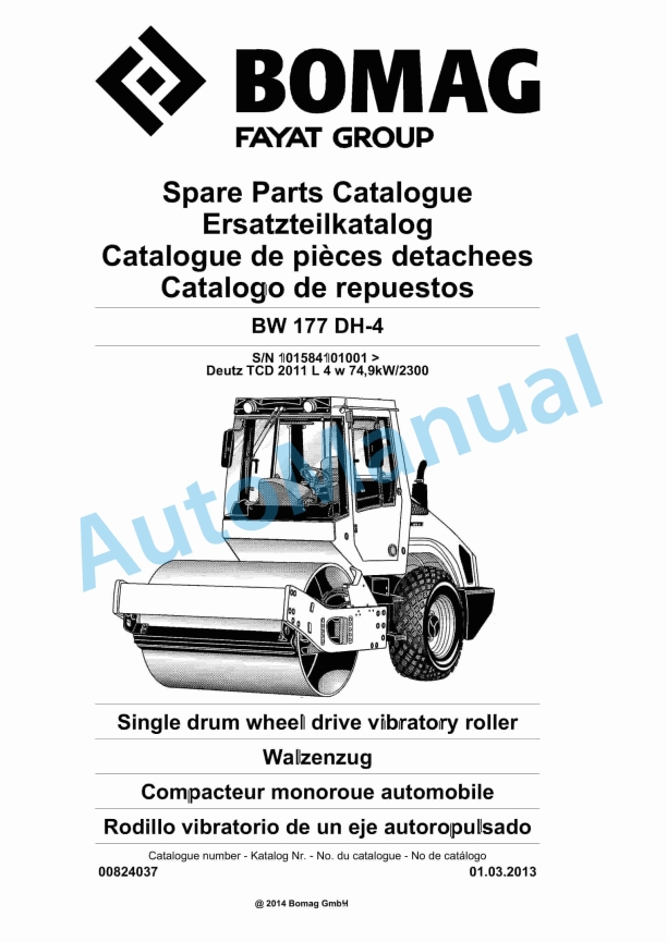 Bomag BW 177 DH-4 Single Drum Wheel Drive Vibratory Roller Spare Parts Catalogue 00824037