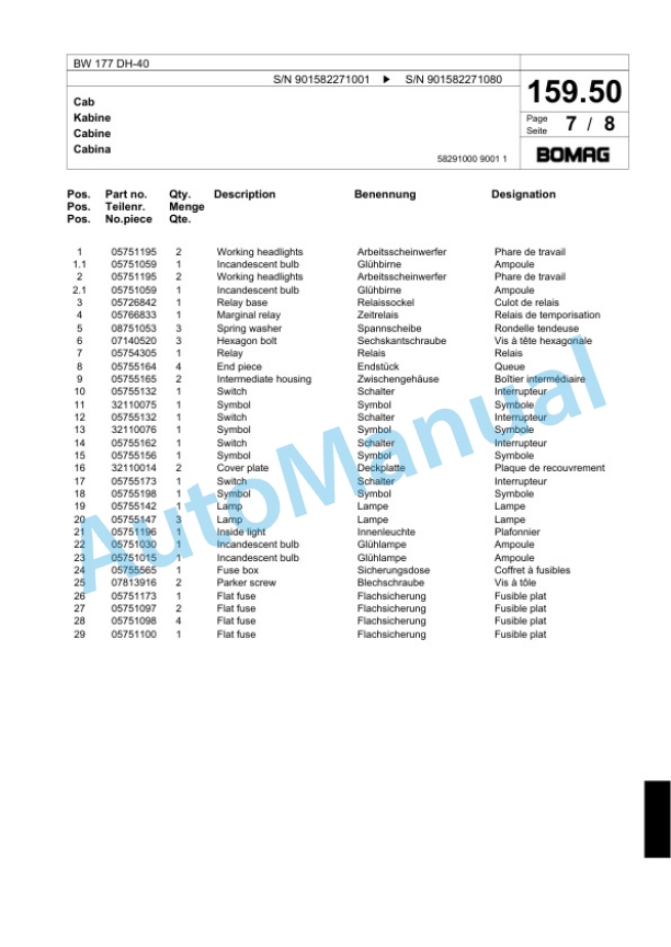 Bomag BW 177 DH-40 Single Drum Wheel Drive Vibratory Roller Spare Parts Catalogue 00818169-5