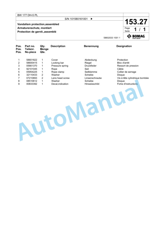 Bomag BW 177 DH-5 PL Single Drum Wheel Drive Vibratory Roller Spare Parts Catalogue 00827073-4